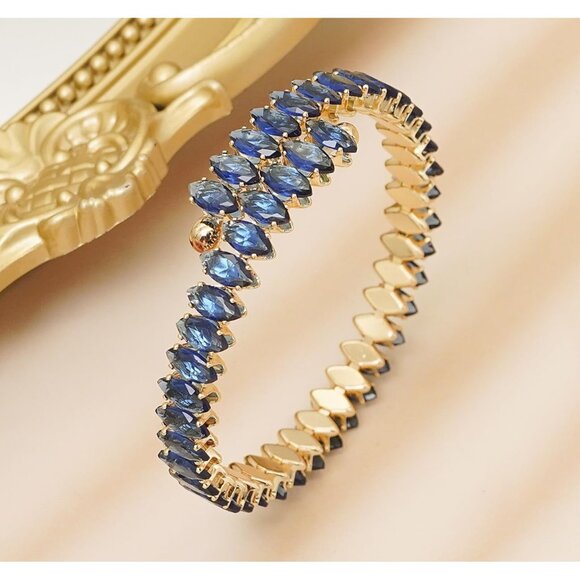 Gold Blue Rhinestone Cuff Bracelet Cubic Zirconia Tennis Bracelets for Women - Picture 4 of 7